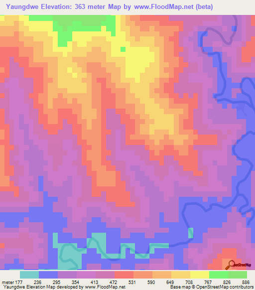 Yaungdwe,Myanmar Elevation Map