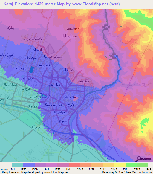 Karaj,Iran Elevation Map