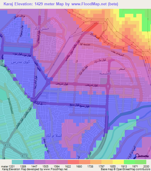 Karaj,Iran Elevation Map
