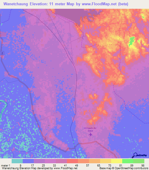 Wanetchaung,Myanmar Elevation Map