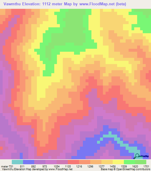 Vawmthu,Myanmar Elevation Map