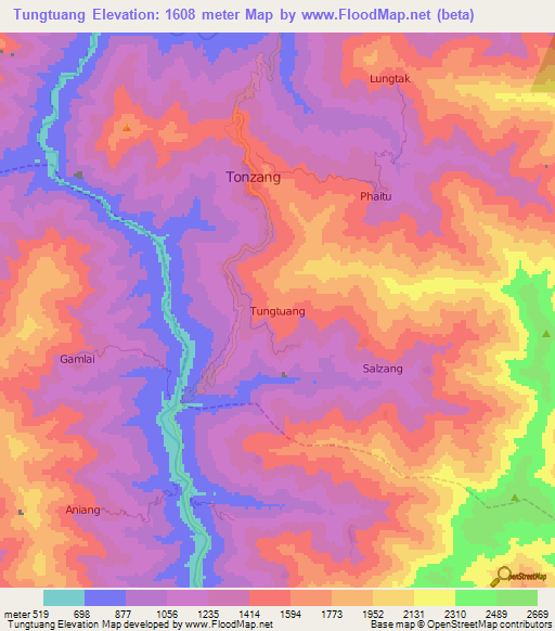 Tungtuang,Myanmar Elevation Map