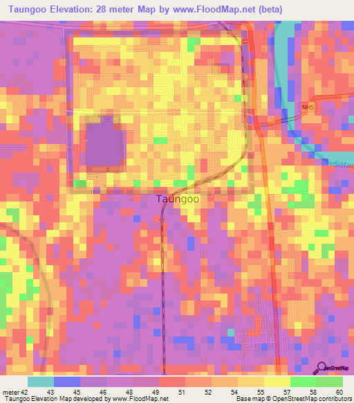 Taungoo,Myanmar Elevation Map