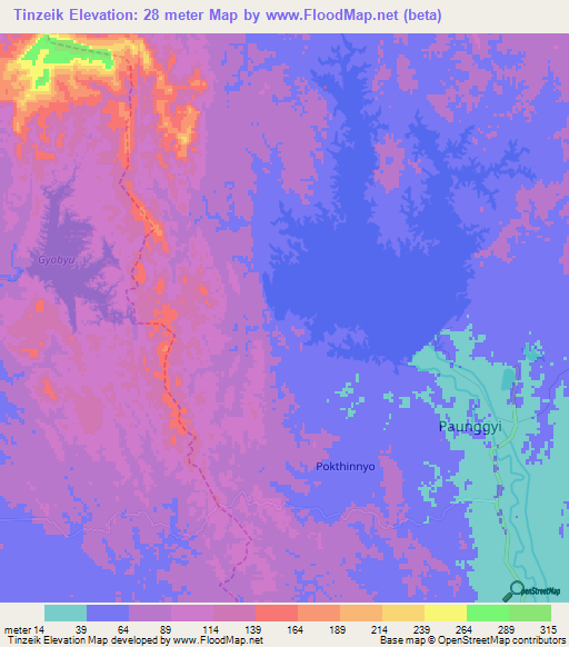 Tinzeik,Myanmar Elevation Map