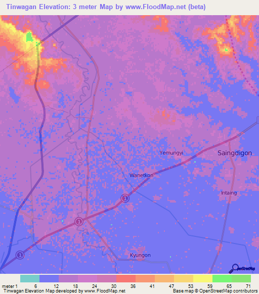 Tinwagan,Myanmar Elevation Map
