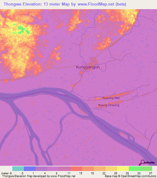 Thongwa,Myanmar Elevation Map