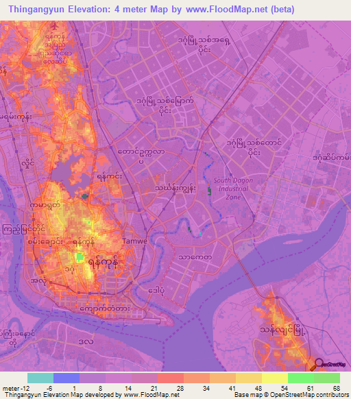 Thingangyun,Myanmar Elevation Map
