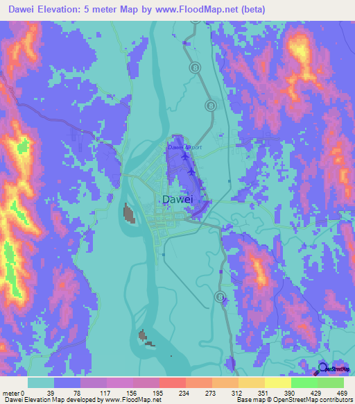Dawei,Myanmar Elevation Map
