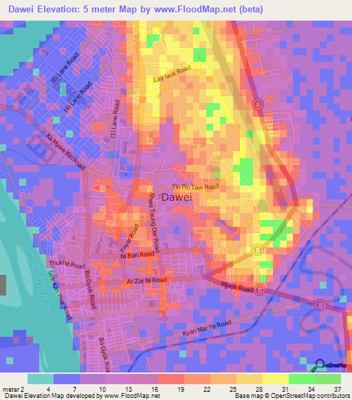 Dawei,Myanmar Elevation Map
