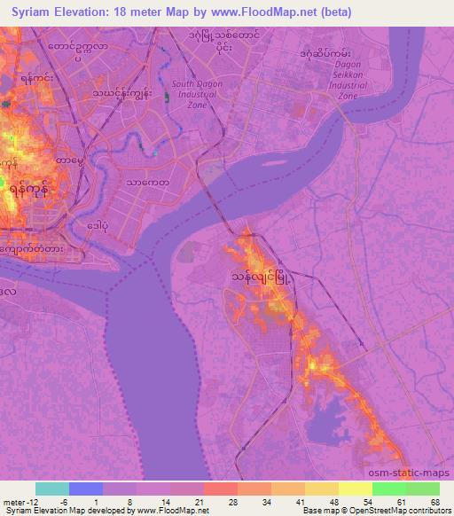 Syriam,Myanmar Elevation Map