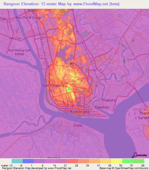 Rangoon,Myanmar Elevation Map