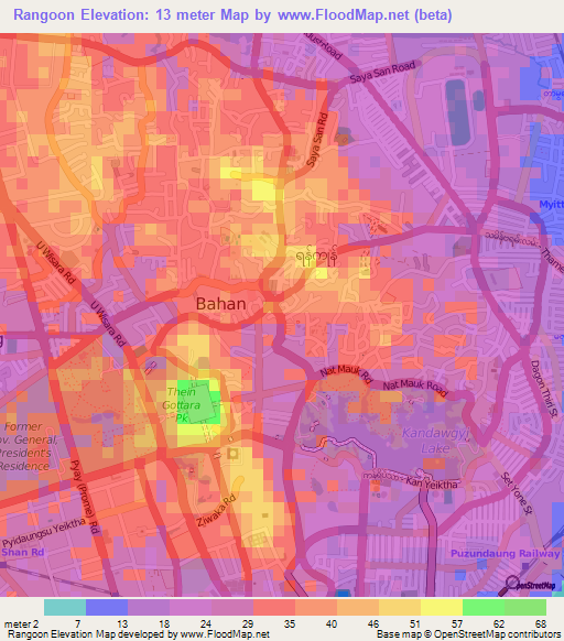 Rangoon,Myanmar Elevation Map