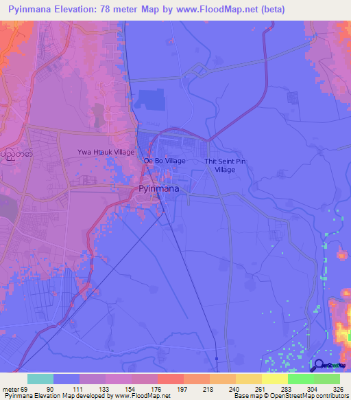 Pyinmana,Myanmar Elevation Map