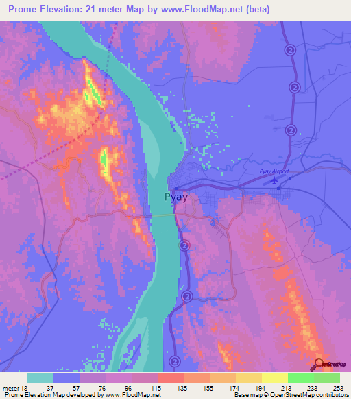 Prome,Myanmar Elevation Map