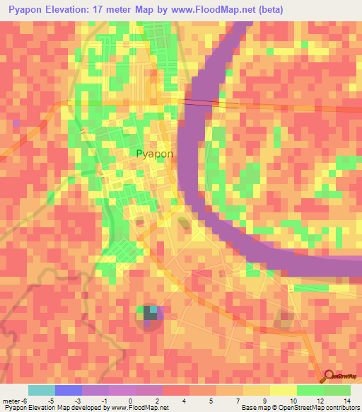 Pyapon,Myanmar Elevation Map