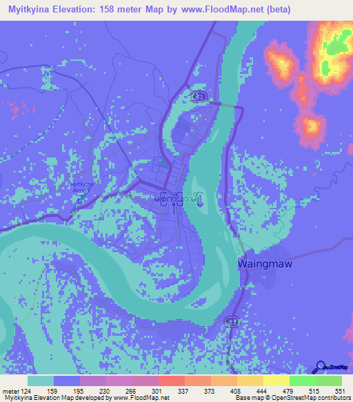 Myitkyina,Myanmar Elevation Map