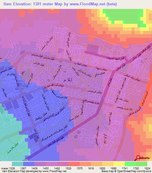 Ilam,Iran Elevation Map