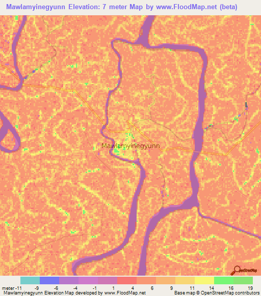 Mawlamyinegyunn,Myanmar Elevation Map