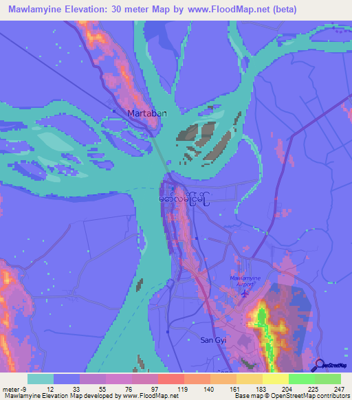 Mawlamyine,Myanmar Elevation Map