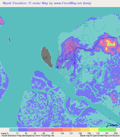 Myeik,Myanmar Elevation Map