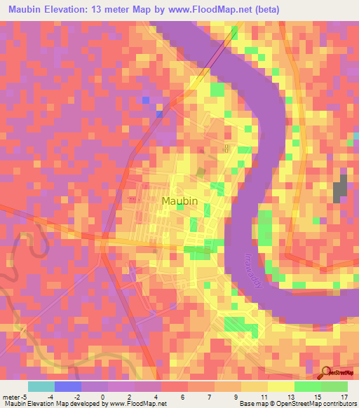 Maubin,Myanmar Elevation Map