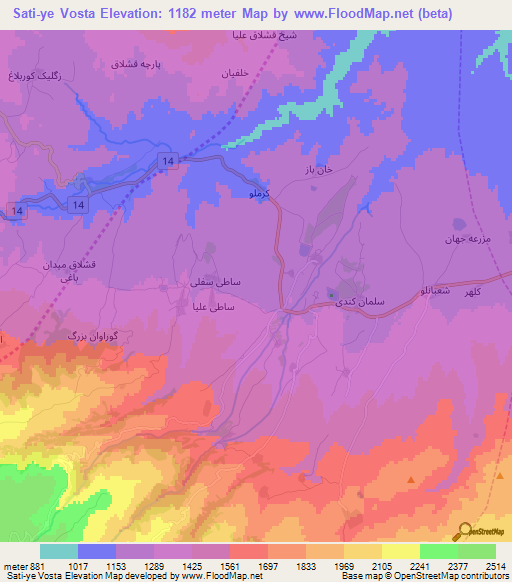 Sati-ye Vosta,Iran Elevation Map