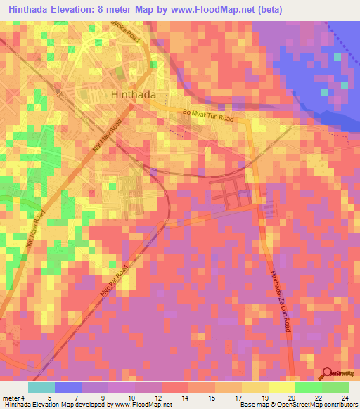 Hinthada,Myanmar Elevation Map