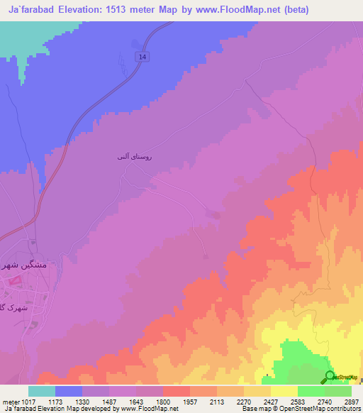 Ja`farabad,Iran Elevation Map