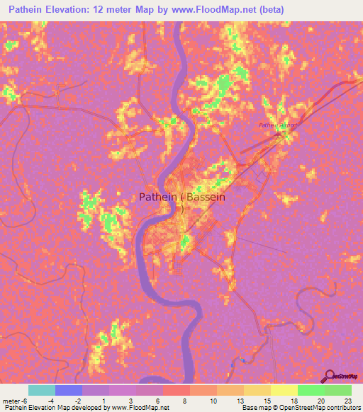 Pathein,Myanmar Elevation Map