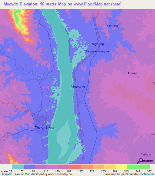 Myaydo,Myanmar Elevation Map