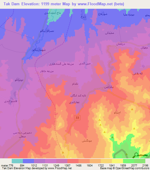Tak Dam,Iran Elevation Map
