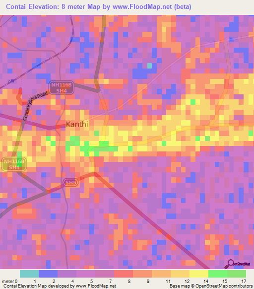 Contai,India Elevation Map