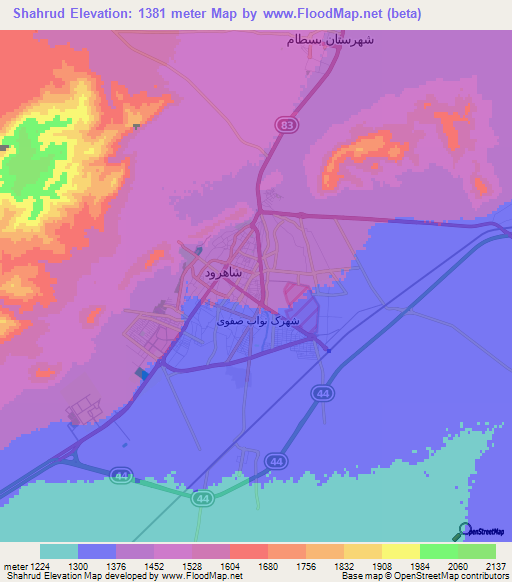 Shahrud,Iran Elevation Map