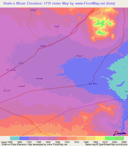 Shahr-e Mizan,Iran Elevation Map