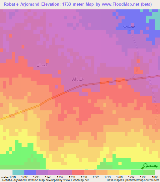 Robat-e Arjomand,Iran Elevation Map