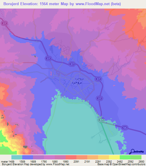 Borujerd,Iran Elevation Map