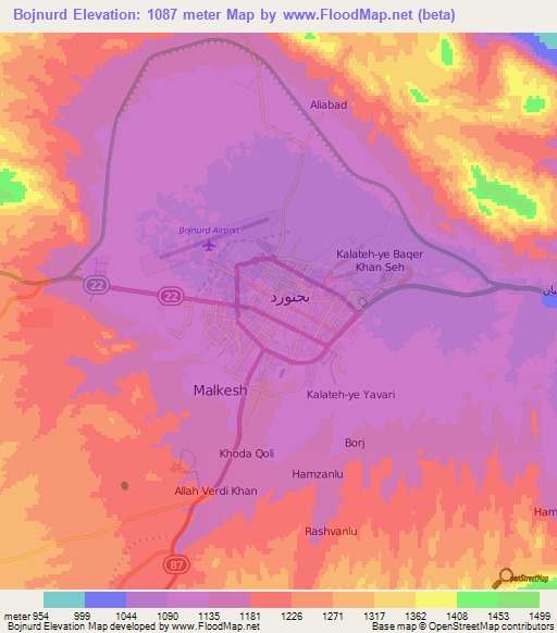 Bojnurd,Iran Elevation Map