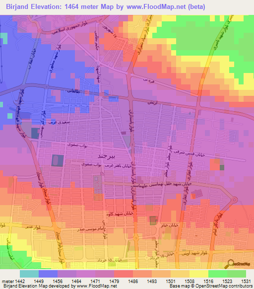 Birjand,Iran Elevation Map