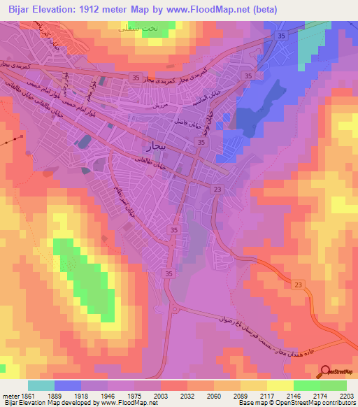 Bijar,Iran Elevation Map