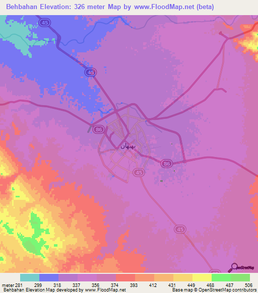 Behbahan,Iran Elevation Map