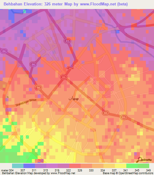 Behbahan,Iran Elevation Map