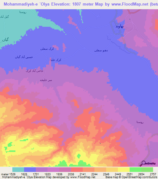 Mohammadiyeh-e `Olya,Iran Elevation Map