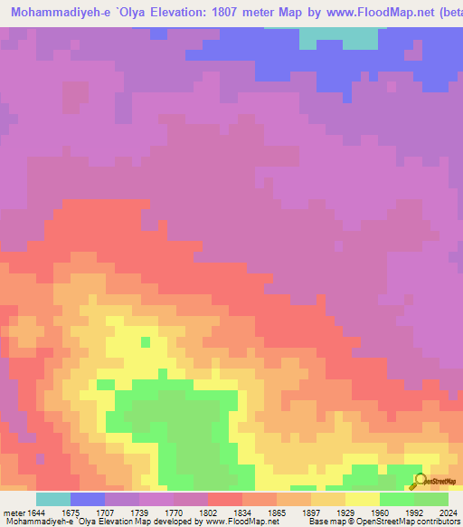 Mohammadiyeh-e `Olya,Iran Elevation Map