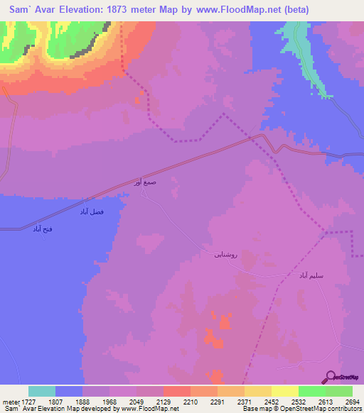 Sam` Avar,Iran Elevation Map