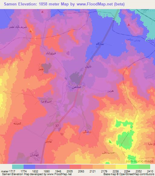 Samen,Iran Elevation Map