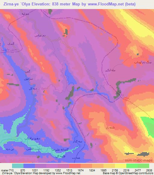 Zirna-ye `Olya,Iran Elevation Map
