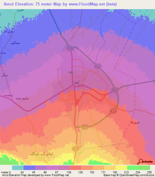 Amol,Iran Elevation Map