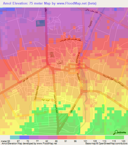 Amol,Iran Elevation Map