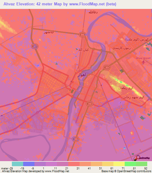 Ahvaz,Iran Elevation Map