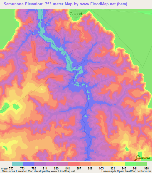 Samunona,Angola Elevation Map